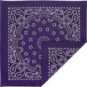 A square purple bandana features intricate white paisley patterns and floral designs while folded diagonally to showcase its vibrant color and decorative details.