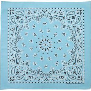 A light blue bandana features intricate paisley and floral designs in black and white surrounding a central star motif creating a decorative textile suitable for fashion or practical use.