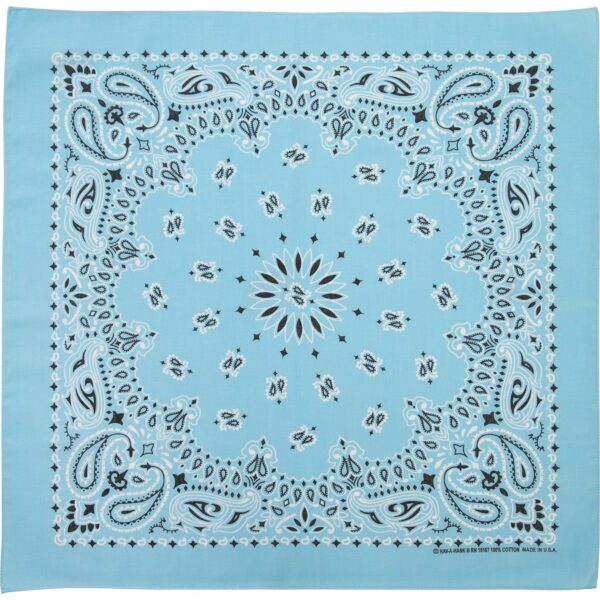 A light blue bandana features intricate paisley and floral designs in black and white surrounding a central star motif creating a decorative textile suitable for fashion or practical use.