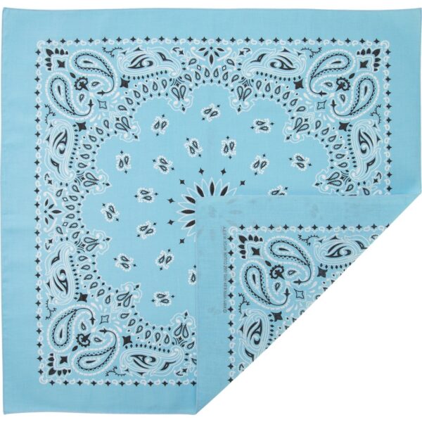 A light blue bandana features intricate paisley patterns and star motifs in black and white. The fabric is folded diagonally revealing part of the design in a vibrant display.