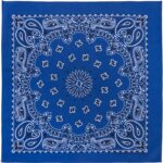 A square blue bandana features intricate white and black paisley patterns intertwined with floral designs creating a symmetrical decorative motif on a solid background.