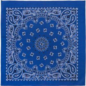 A square blue bandana features intricate white and black paisley patterns intertwined with floral designs creating a symmetrical decorative motif on a solid background.