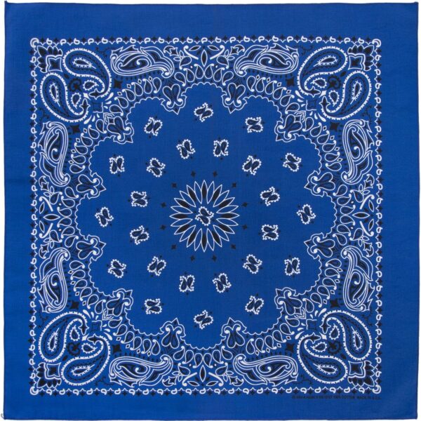 A square blue bandana features intricate white and black paisley patterns intertwined with floral designs creating a symmetrical decorative motif on a solid background.