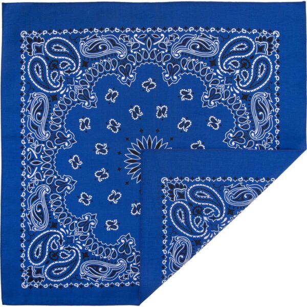 A blue bandana displays intricate white paisley designs and floral patterns in a symmetrical arrangement with a contrasting border creating a vibrant textile accessory suitable for various uses.