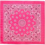 A pink bandana features intricate white paisley and floral patterns arranged in a symmetrical design with a central flower. It is made of cotton and is made in China.