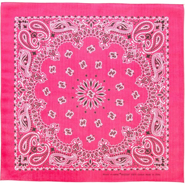 A pink bandana features intricate white paisley and floral patterns arranged in a symmetrical design with a central flower. It is made of cotton and is made in China.