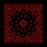 A square black fabric displays intricate red paisley patterns along the edges and in a central floral design creating a vibrant decorative effect suitable for various artistic uses.
