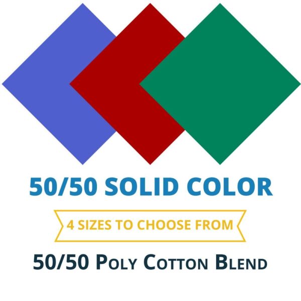 Colorful diamonds in blue red and green are displayed with text indicating 50/50 solid color 4 sizes to choose from 50/50 poly cotton blend