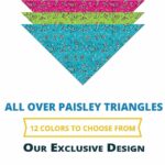 Colorful triangles with paisley patterns are arranged in layers. Text indicates the design is exclusive with twelve available color options. The background is plain  highlighting the vibrant colors.