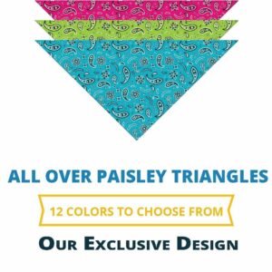 Colorful triangles with paisley patterns are arranged in layers. Text indicates the design is exclusive with twelve available color options. The background is plain  highlighting the vibrant colors.