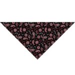 A black bandana features a colorful paisley and floral pattern with red white and green elements covering its triangular shape suggesting it is designed for personal fashion or accessory use.