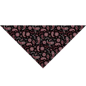 A black bandana features a colorful paisley and floral pattern with red white and green elements covering its triangular shape suggesting it is designed for personal fashion or accessory use.