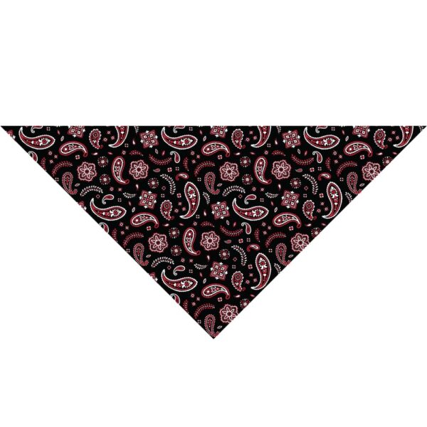 A triangular bandana features a black background adorned with intricate paisley patterns in red  white  and green  creating a vibrant and decorative textile design suitable for fashion or practical use.