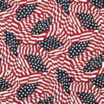 Numerous American flags are arranged in a swirling pattern with red and white stripes on a blue background featuring white stars creating a festive and patriotic visual effect.