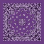A purple bandana features intricate white paisley patterns and floral designs radiating from the center creating a symmetrical visual effect against a solid purple background.