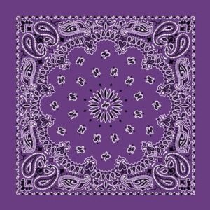 A purple bandana features intricate white paisley patterns and floral designs radiating from the center creating a symmetrical visual effect against a solid purple background.