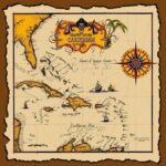 A vintage-style map of the Caribbean features islands detailed in brown and yellow. It includes ships sailing  a compass rose  and ornate text at the top. The background is a rugged border.
