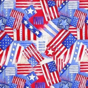 A variety of American flags in red white and blue are arranged in a repeating pattern against a contrasting background creating a festive and patriotic visual effect.