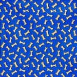 A repeated pattern of dog bones is scattered across a bright blue background creating a playful design that evokes a fun and pet-friendly atmosphere.