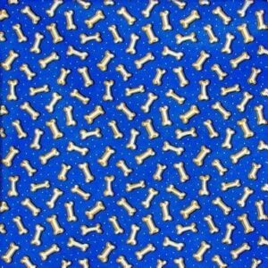 A repeated pattern of dog bones is scattered across a bright blue background creating a playful design that evokes a fun and pet-friendly atmosphere.