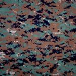 A camouflage pattern featuring irregular shapes in earthy browns greens and dark blues is spread uniformly across the surface creating a blend that resembles natural terrain or foliage.