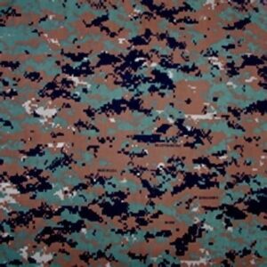 A camouflage pattern featuring irregular shapes in earthy browns greens and dark blues is spread uniformly across the surface creating a blend that resembles natural terrain or foliage.