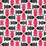 A repeating pattern of fire hydrants in red and black colors is displayed on a white background creating a vibrant and graphic design suitable for various decorative uses.