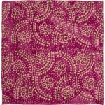 A square fabric features a vibrant magenta background adorned with intricate golden paisley and floral patterns creating a rich and decorative textile suitable for various applications.