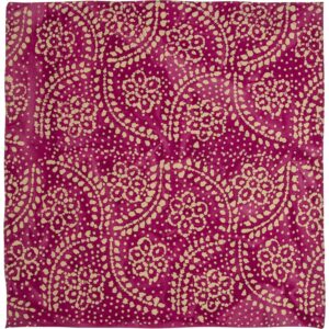 A square fabric features a vibrant magenta background adorned with intricate golden paisley and floral patterns creating a rich and decorative textile suitable for various applications.