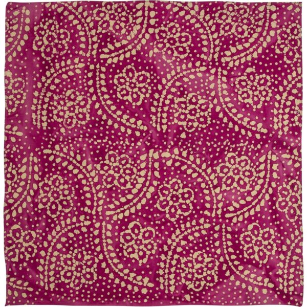 A square fabric features a vibrant magenta background adorned with intricate golden paisley and floral patterns creating a rich and decorative textile suitable for various applications.