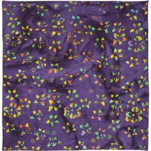 A vibrant purple fabric displays a pattern of multicolored butterflies and dots creating a lively and decorative texture. The fabric appears slightly wrinkled  enhancing its visual interest.