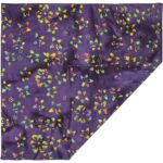 A vibrant purple fabric features scattered patterns of colorful butterflies and floral shapes creating a playful and whimsical design suitable for decorative or fashion purposes.