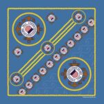 A blue fabric features circular emblems of the United States Coast Guard with anchors and ropes  arranged in a pattern across the surface  conveying a nautical theme.