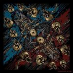 A symmetrical pattern features human skeletons and skulls in gold against a distressed blue and red background  creating a dark  edgy aesthetic that emphasizes the macabre elements.