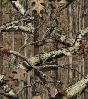 A tree trunk is surrounded by branches and colorful leaves the branches intertwine with one another amidst a blurred forest background creating a natural camouflage effect