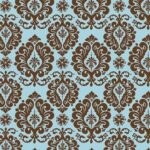 A blue background features an intricate brown damask pattern with floral motifs and scrolling designs  creating a vintage aesthetic suitable for textile or wallpaper applications.