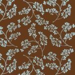 Light blue floral patterns are scattered across a brown background creating a delicate and balanced design that suggests a natural  organic feel often used in textiles or wallpapers.