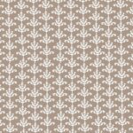 A repeated white floral pattern features intricate leaf designs against a beige background creating a textured appearance suitable for decorative applications in interior design settings.
