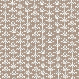 A repeated white floral pattern features intricate leaf designs against a beige background creating a textured appearance suitable for decorative applications in interior design settings.