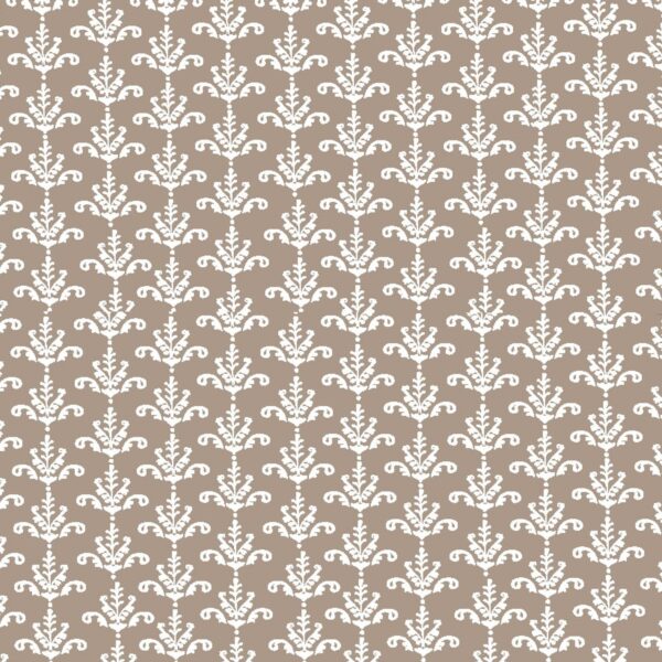 A repeated white floral pattern features intricate leaf designs against a beige background creating a textured appearance suitable for decorative applications in interior design settings.