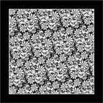 A repeating pattern of intricate white floral designs and curving lines on a solid black background creates a visually striking contrast in a square layout.