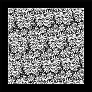 A repeating pattern of intricate white floral designs and curving lines on a solid black background creates a visually striking contrast in a square layout.