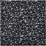 A black fabric features a scattered pattern of silver musical notes and stars creating a lively and dynamic visual effect suitable for music-themed decor or accessories.