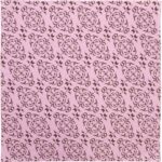 A fabric pattern features intricate brown floral and swirl designs on a soft pink background creating a decorative and elegant look suitable for various textile applications.