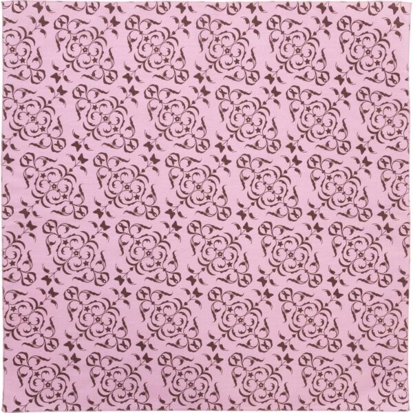 A fabric pattern features intricate brown floral and swirl designs on a soft pink background creating a decorative and elegant look suitable for various textile applications.