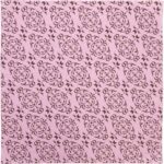 A pink fabric surface features a repeated intricate floral pattern in brown with swirling vines and leaves creating a decorative and elegant appearance suitable for textiles or wallpaper.