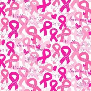 A pattern of pink ribbons symbols used for breast cancer awareness fills the background with words like love survivor family and walk scattered throughout creating a positive and supportive message.