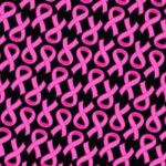 A repeated pattern of pink ribbons is displayed on a black background creating a visually striking design often associated with awareness and support for various causes.