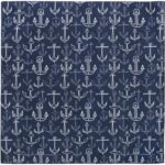 A dark blue fabric features a repeated pattern of white nautical anchors of various sizes arranged evenly across the surface  creating a cohesive and maritime-themed design.