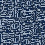A pattern of various key silhouettes is displayed in light blue against a dark navy background creating a repetitive and uniform design with diverse shapes and sizes of keys.